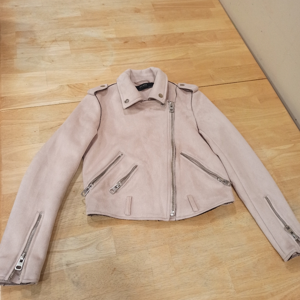 Zara Women's Suede Pink Cream Moto Jacket Size Xs